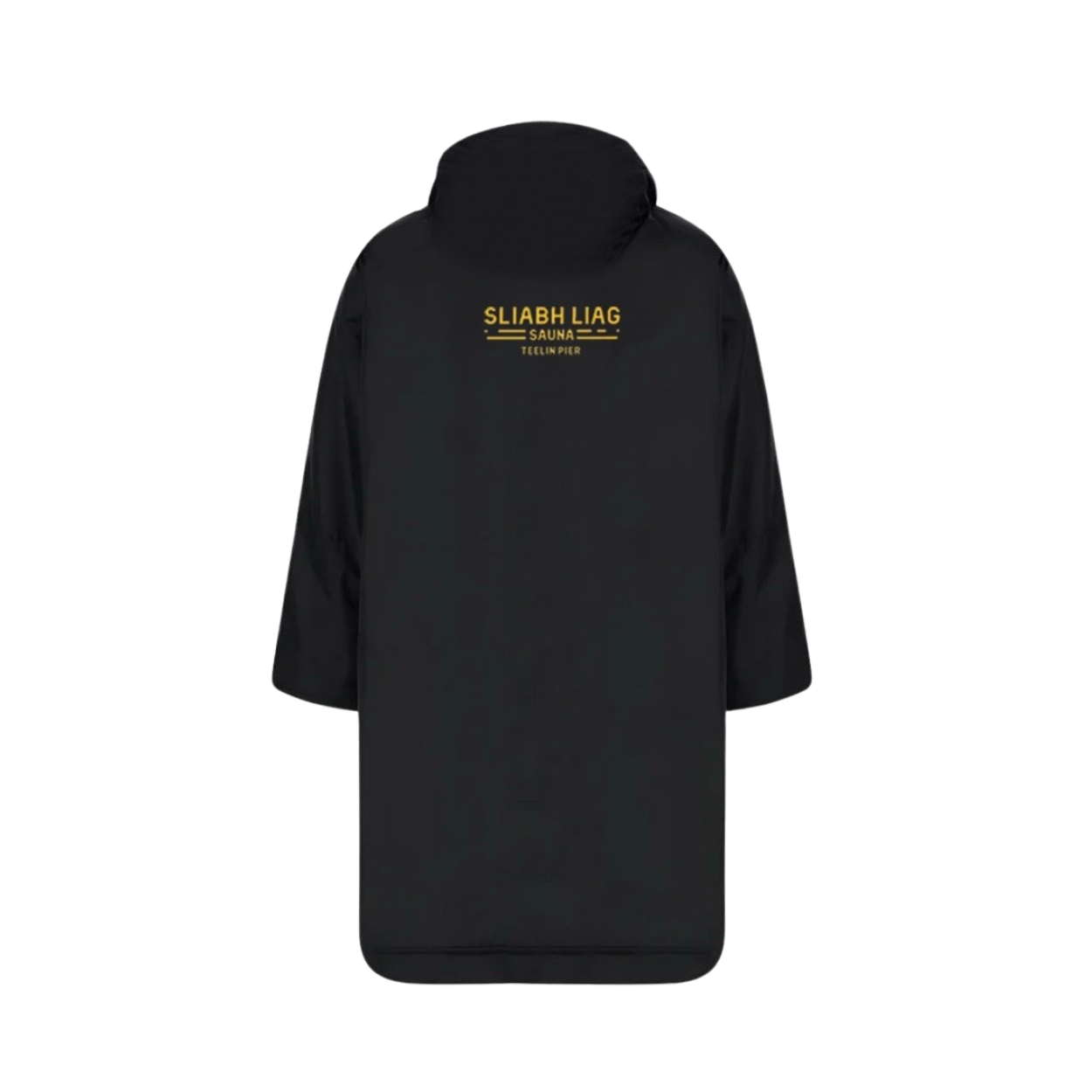 Back view of the Limited Edition Sliabh Liag Sauna Dry Robe showing Sliabh Liag Sauna Teelin Pier logo across shoulders.