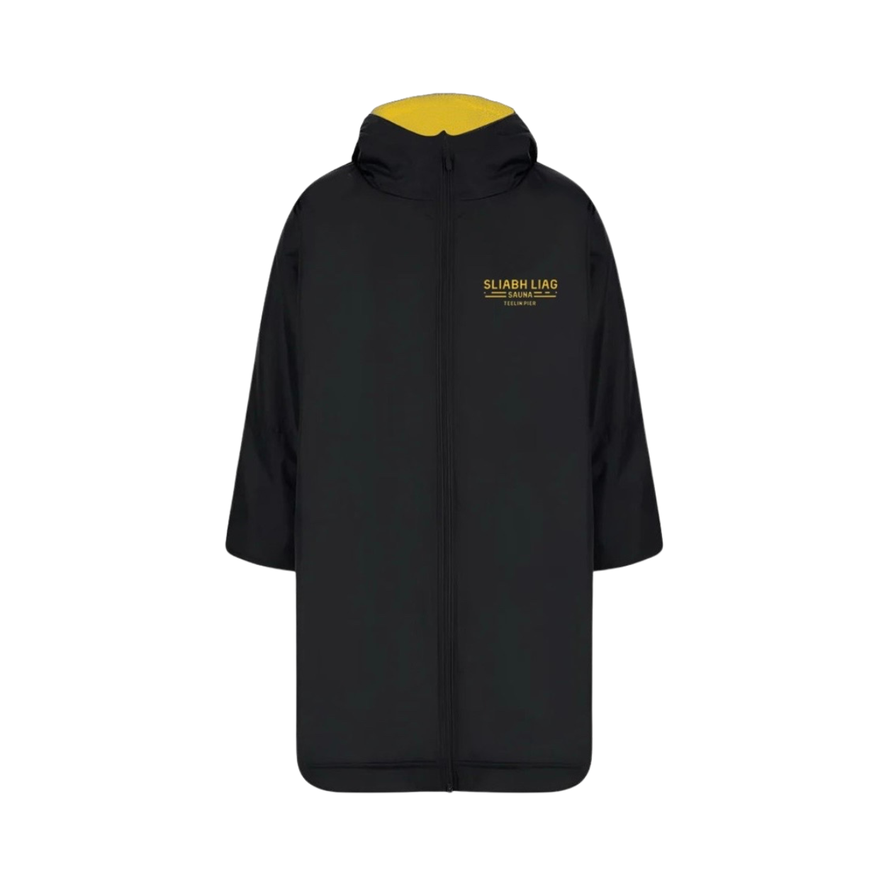 Front view of the Limited Edition Sliabh Liag Sauna Dry Robe with hood, water-resistant black shell and golden logo on chest.