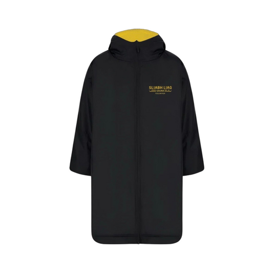 Front view of the Limited Edition Sliabh Liag Sauna Dry Robe with hood, water-resistant black shell and golden logo on chest.