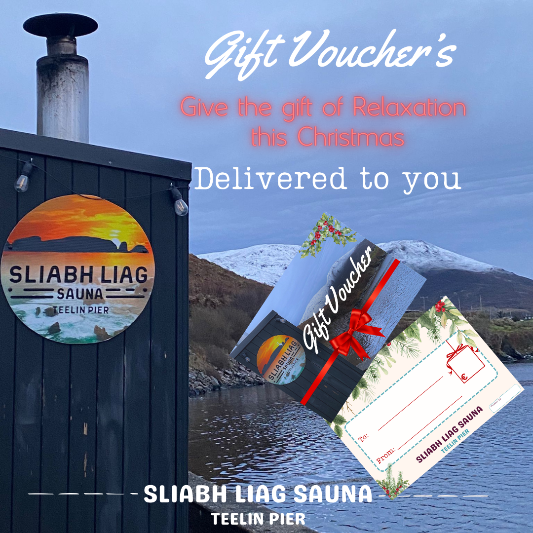 Christmas-themed Sliabh Liag Sauna gift voucher graphic featuring the bespoke double wood-fired sauna at Teelin Pier in Donegal, with festive design elements promoting relaxation gifts.